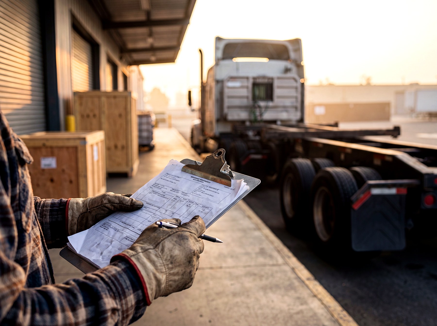A commercial truck driver reviewing paperwork at a loading dock